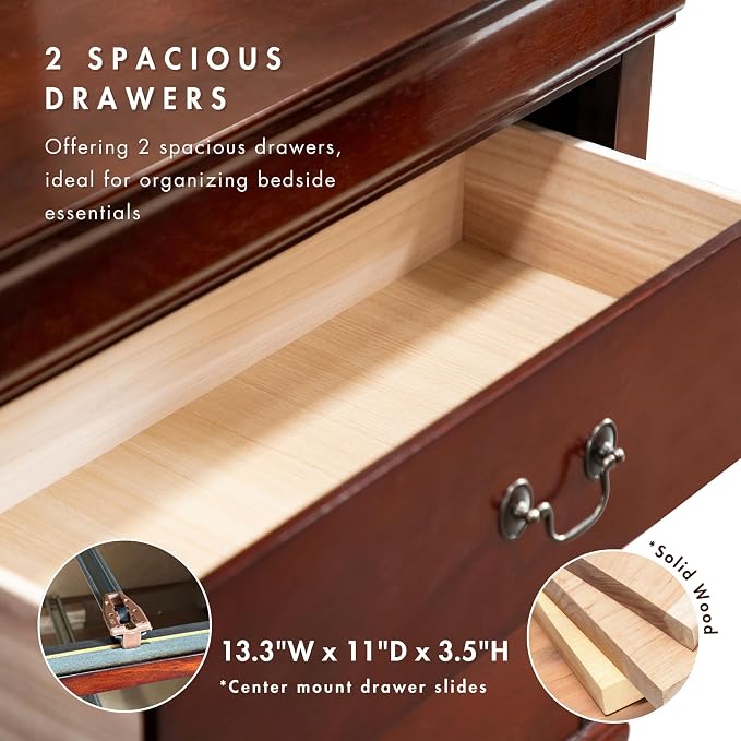 Furniture of America Arabella Traditional Solid Wood Nightstands Set of 2, Bedside Table with Drawers and Antique Nickle Handles, No Assembly Wooden Night Stands for Bedrooms, Guest Room, Dorm, Cherry - Image 4