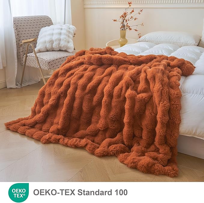 LIFEREVO Fluffy Faux Rabbit Fur Bubble Blanket, Plush Shaggy Waffle Throw for Couch Sofa, Cozy Comfy Furry Bed Blanket Adults Kids Teens Girls, Fuzzy Throw for Bedroom Living Room, 60x90, Burnt Orange
