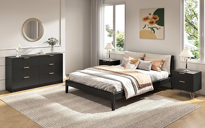 Black Dresser and Nightstand Sets, 6 Drawer Dresser Set for Bedroom 3 Piece, 55” Wide Fluted Wood Dressers W/Metal Handle & Night Stand Set of 2, Modern Bedroom Furniture Sets, Black