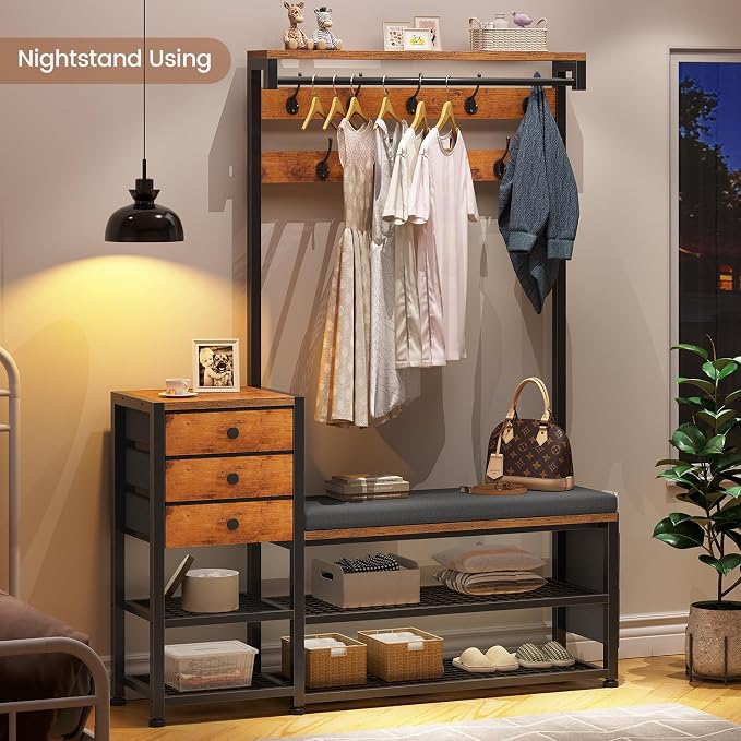 Itaar Coat Rack, Hall Tree with Bench and Shoe Storage, 7-in-1 Entryway Bench with Soft Cushion, Storage Bag, 3 Fabric Drawers(Rustic Brown) - Image 9
