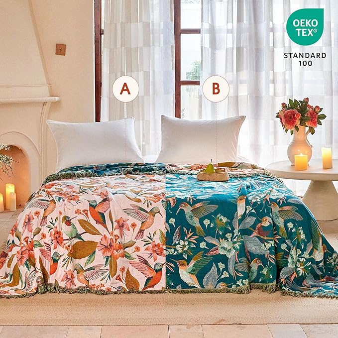 Boho Throw Blanket - 50"x60" 100% Cotton Ultra Soft Lightweight Spring Blanket, 4-Layer Breathable Muslin Blankets for Bed Couch, Reversible Blue Floral Bird Printed Bohemian Cotton Quilt