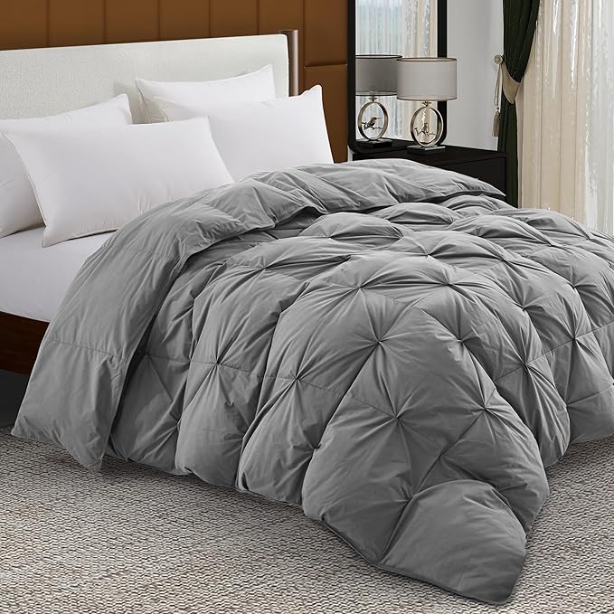 Pinch Pleat Goose Feather Microfiber Down Comforters Queen Size, Grey 100% Cotton Duvet Insert, Fluffy Medium Warmth Bedding Comforter with Corner Loops (Light Grey, 90 x 90 Inch)