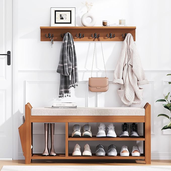 PETKABOO 39.4" Shoe Bench with Coat Rack Hidden Drawer and Side Holder, 2 Tier Entryway Bench with Storage, Bamboo Shoe Rack with Cushion for Entryway Hallway Living Room Bedroom - Image 7