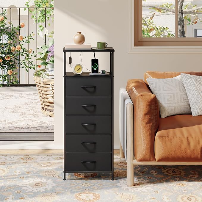 Somdot Black Nightstand with Charging Station and LED Light for Bedroom, Tall 5 Drawers Dresser with Fabric Bins for Bedside Kids Dorm Room Closet Laundry Entryway, Black - Image 7