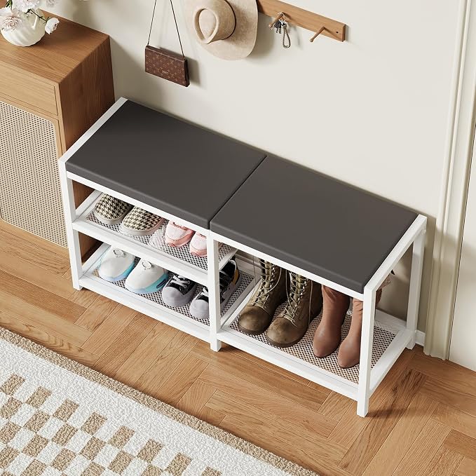 ZHOOGE Shoe Bench & Rack Storage Bench with Seat Cushion, Stable Entryway Bench Holds Up to 300 lb, (35" L x 12" W x 17" H, White) - Image 8