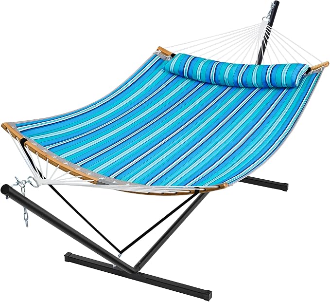 SUPERJARE Hammock with Stand, 2 Person Heavy Duty Hammock with Padded Cotton, Detachable Pillow & Strong Curved-Bar & Portable Carrying Bag, Perfect for Outdoor & Indoor, Aqua Blue by SUPERJARE