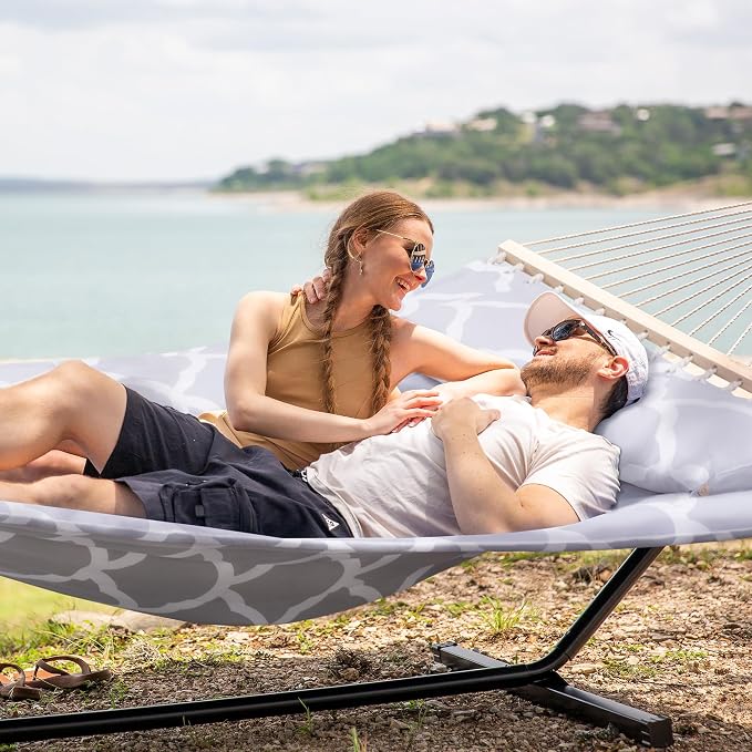 SUNCREAT Double Hammock, Extra Large Quilted Fabric Swing with Hardwood Spreader Bars & Detachable Pillow, Heavy Duty, Perfect for Indoor/Outdoor Patio, Deck, Yard, Gray Cloud - Image 2