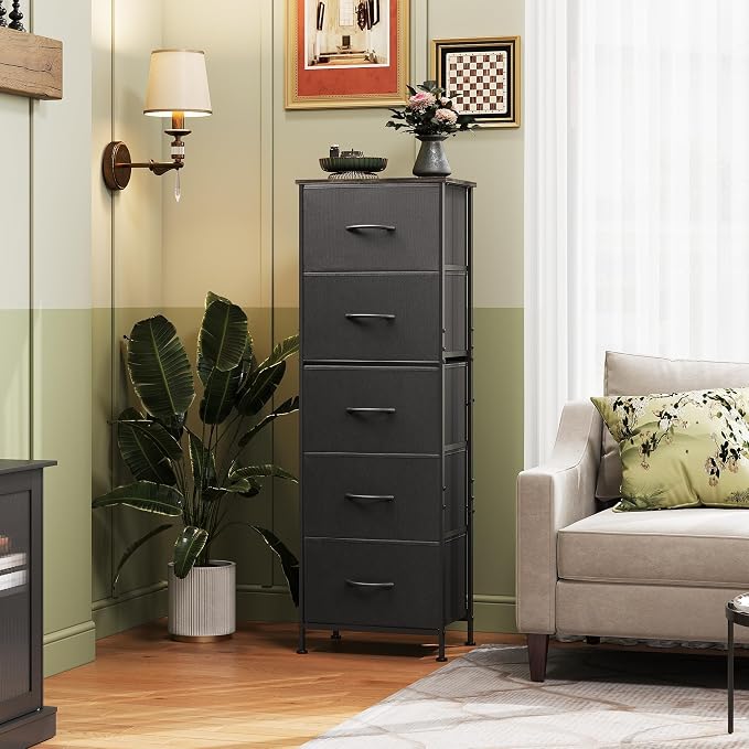 WLIVE Fabric Dresser, 5-Drawer Tall Dresser for Bedroom, Storage Organizer with Fabric Bins, Wood Top, Sturdy Steel Frame, Chest of Drawers for Closet, Hallway, Charcoal Black - Image 2