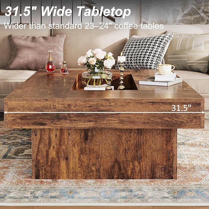 LVB Rustic Coffee Table, Large Wood Living Room Table with Storage, Modern Long Rectangle Led Center Table, Farmhouse Unique Low Wide Tea Table with LED Light for Home Office, 47.24 in, Rustic Brown