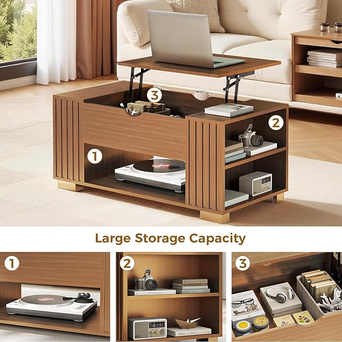 COMHOMA Lift Top Coffee Table for Living Room, 39" Center Table with Hidden Storage Compartment, Adjustable Wooden Tea Table for Small Spaces, Dark Brown