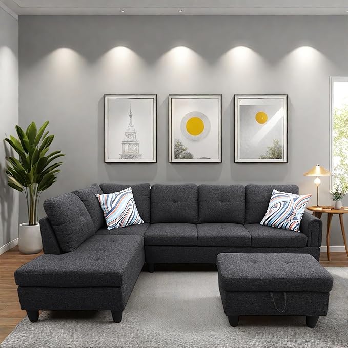 FONTOI L Shaped Sectional Couches, Modern Modular Sectional Sofa for Living Room Bedroom Furniture, Comfy 4 Seat Couch with Ottoman Storage & Chaise, Black Gray