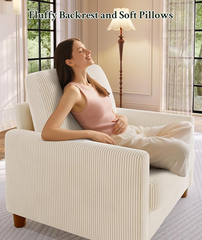 35.3" Couches for Living Room, Comfy Beige Couch Single with 22.5" Deeper Seat, Accent Chair Tool-Free Setup, Reading Chair 440lbs Support, Corduroy Couch for Bedroom, Apartment, Office