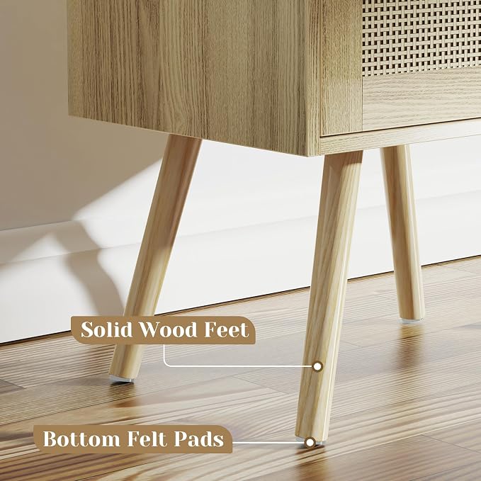 SUPERJARE Nightstand with Charging Station & Rattan-Like Decor Drawer, Rattan End Table with Solid Wood Feet, Bed Side Table with Open Storage, for Bedroom, Living Room, Dormitory - Natural - Image 8