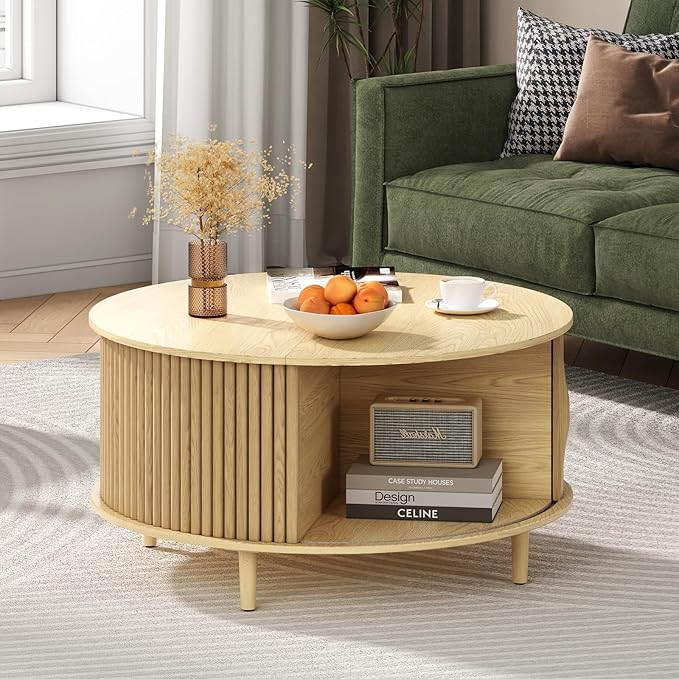 Round Coffee Table with Storage, 31.5" Mid Century Modern Coffee Table with Sliding Door & Solid Wood Legs, Minimalist Fluted Center Table for Living Room, Home Small Space, Oak