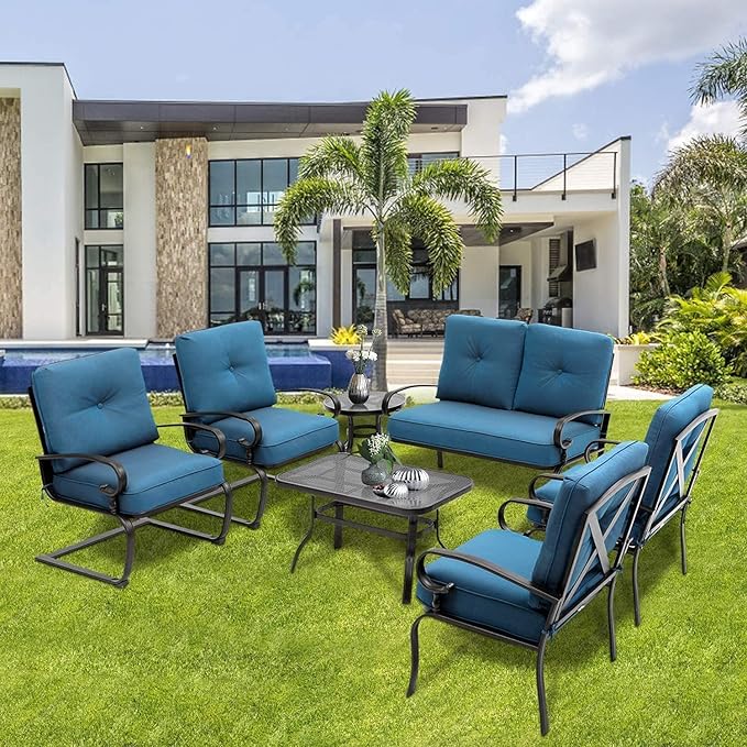 SOLAURA Outdoor Metal Furniture Sets 7-Piece Patio Conversation Set (2 Spring Chairs, 2 Patio Chairs, Loveseat with Coffee Table and Side Table), Peacock Blue