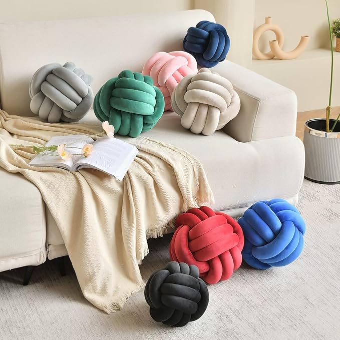 LUSJNGE Decorative Throw Knot Pillow Ball for Home Chair Sofa Aesthetic Round Velvet Knotted Pillow Cushion (Light Grey, 11inch)