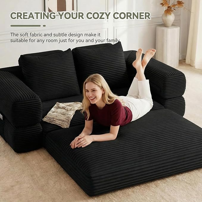 4-in-1 Convertible Folding Sofa Bed, 76 Inch Queen Size Foldable Sleeper Sofa Bed, Wide Corduroy Upholstery, Boneless Mattress Couch with Armrests & Neck Pillow for Living/Bedroom - Black
