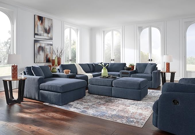 Signature Design by Ashley Modmax Contemporary Stain Resistant Square Oversized Accent Ottoman with Non-Skid Legs, Blue