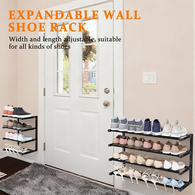 2 Pack Wall Mounted Shoe Rack, 4 Tier Hanging Shoe Rack Holds 32 Pairs, 17"-30"Adjustable Heavy Duty Wall Shoe Shelf with 4 Storage Hooks, Space Saving for Closet Entryway, Black, Patent Pending - Image 3
