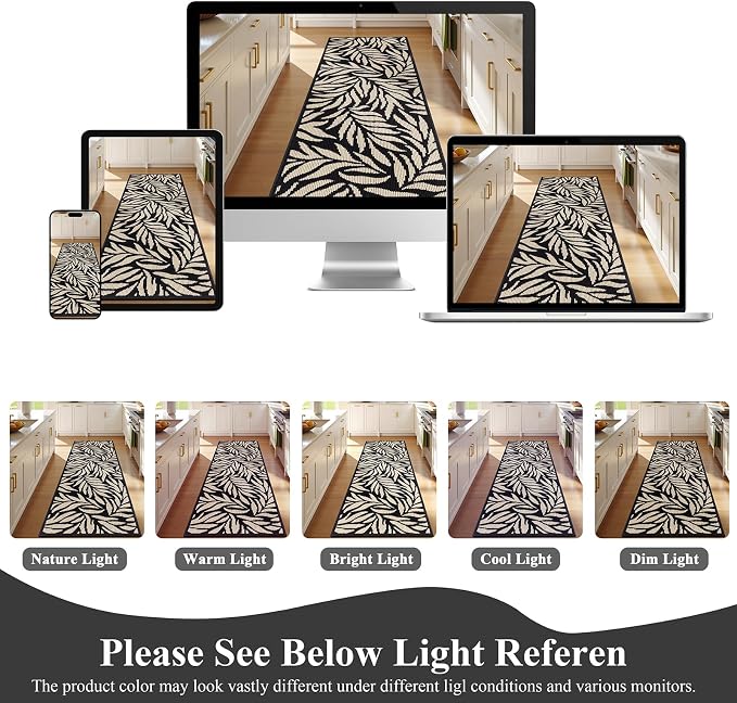 Ileading Hallway Runner Rug 2x6ft Kitchen Floor Mat Modern Leaves Non Slip Throw Rugs Busy Traffic Extended Indoor Doormat Machine Washable Accent Carpet for Laundry Bedroom(Black) - Image 4