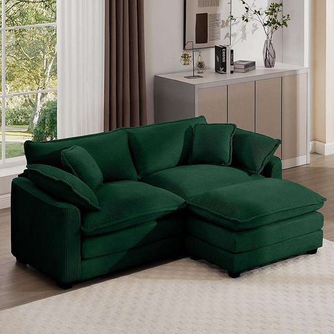 KEIKI 80" L-Shaped Oversized Corduroy Modular Sectional Loveseat Sofa with 1 Ottoman, High-Density Foam Cushions, Removable Armrests, Upholstered 2-Seater Couch with 4 Pillow, for Living Room, Green