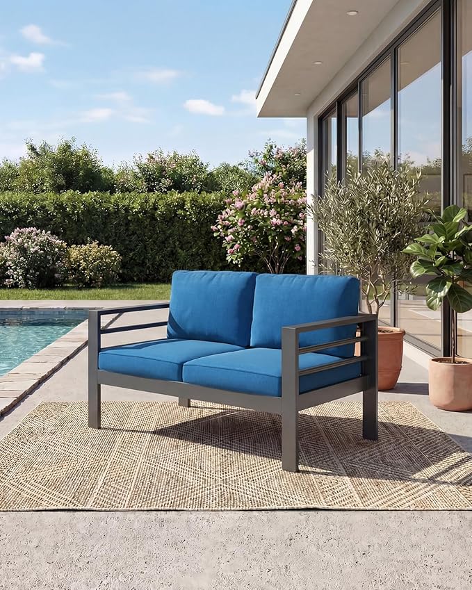 AECOJOY Aluminum Patio Furniture Loveseat, Modern Outdoor Furniture with Washable 5 inch Thick Cushion, Blue