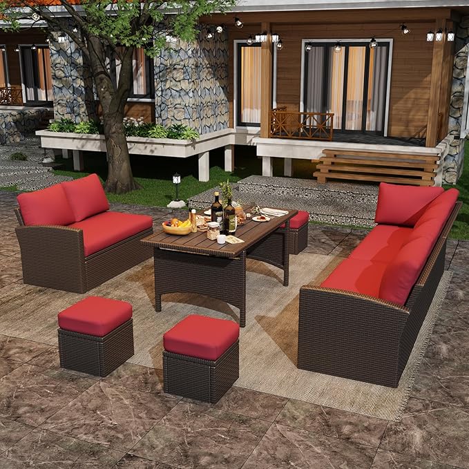 U-MAX 7 Pieces Patio Furniture Set, Outdoor Sectional Sofa Conversation Set, All Weather Wicker Rattan Dining Table & Chair with Ottoman, Brown Rattan&Red Cushion