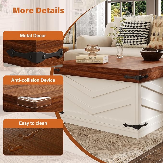 31.5'' Lift Top Coffee Table, Sliding Top Square Center Table with Large Hidden Storage Organizer, Multi-Functional Farmhouse Coffee Tables for Living Room, Bedroom, Home Office, White