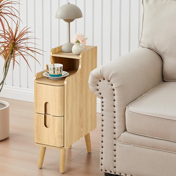 Small Nightstand Set of 2, Wood 2 Drawer Narrow Nightstand, Slim Side Table, Modern Skinny End Bedside Table, Natural Wood Night Stand with Drawers for Bedroom (Natural-2 pcs) - Image 4