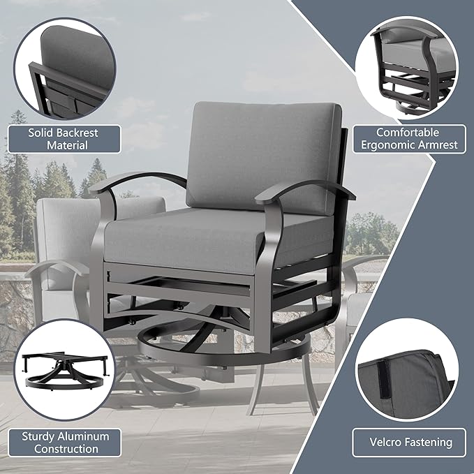 Aluminum Outdoor Patio Furniture Set,4 Pieces 5 Seats Patio Conversation Sets with 45" Propane Fire Pit Table,Metal Patio Sectional Furniture Set with 2 Swivel Rocking Chairs,Grey