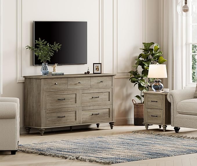 WAMPAT 2 Piece Bedroom Set - Includes 7 Drawer Dresser for Bedroom, Farmhouse Nightstand with Charging Station & Drawers, 2 Piece Dresser and Nightstand Sets, Grey