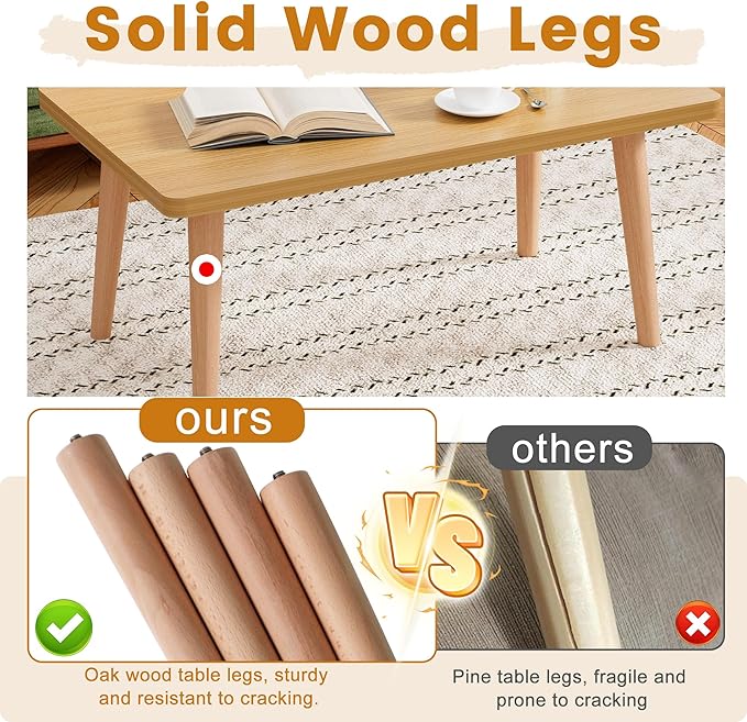 Coffee Table Low Table with 4 Solid Wood Leg, Floor Table Desk for Sitting on The Floor, Small Coffee Table for Small Space, Japanese Side Table for Living Room Apartment Home, Rectangle Brown