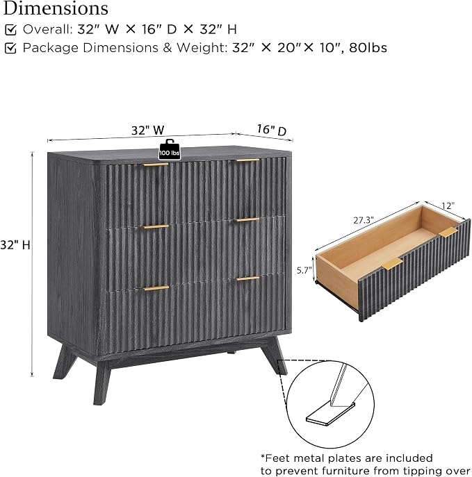T4TREAM Fluted 3 Drawers Nightstand Set of 2, Oversized Extra Large Modern Side Table, End Table Bedside for Bedroom, Living Room, Curved Profile Design, Dark Alder - Image 3