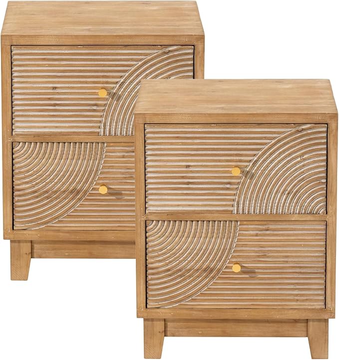 COZAYH Set of 2 2-Drawer Farmhouse Nightstand, Mid Century Nightstand Fully Assembled with Handcrafted Wood Ring Pattern for Boho, Mid-Century, Rustic Style, Natural Wood by COZAYH