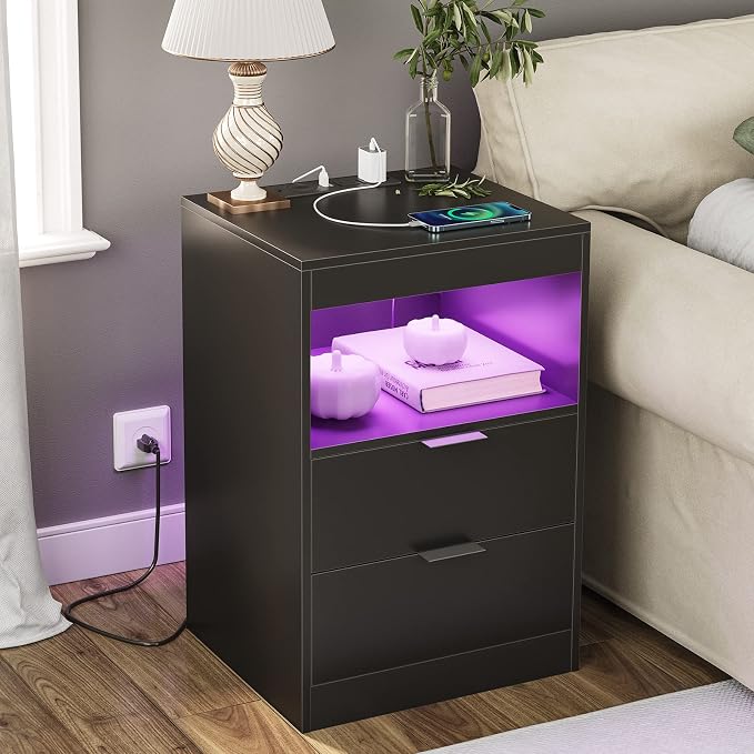 Tiptiper Black Nightstand with Wireless Charging Station and LED Lights, Bedside Table with 2 Drawers, Open Storage, 1 Pull-Out Tray, End Side Table with Charging Station, LED Night Stand with Storage - Image 8
