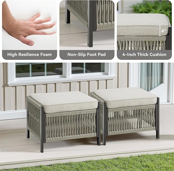 Wicker Outdoor Patio Furniture Set, 5 Piece Patio Conversation Set with Swivel Rocker Chairs, Ottomans and Coffee Table for Garden, Porch, Backyard (Beige)