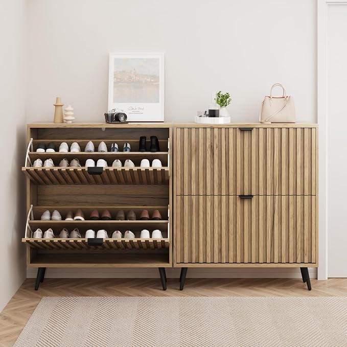 Smuxee Shoe Cabinet with 2 Flip Drawers, 31.5" Natural Hidden Shoe Storage Cabinet with Fluted Design, Freestanding Shoe Organizer Cabinet for Entryway, Hallway, Closet, Living Room - Image 3