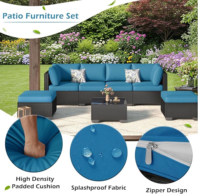 U-MAX 7 Piece Outdoor Patio Furniture Set with Extra 43 Inch Fire Pit Table, PE Rattan Wicker Sofa Set, Outdoor Sectional Furniture Chair Set with Tea Table, Black Rattan and Peacock Blue Cushion
