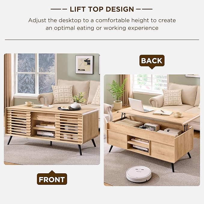 OKD Lift Top Coffee Table w/Sliding Slatted Door, 48" Mid Century Modern Wood Center Table w/Hidden Storage Compartment & Adjustable Shelf, Lift Tabletop Dining Table for Living Room (Natural Oak)