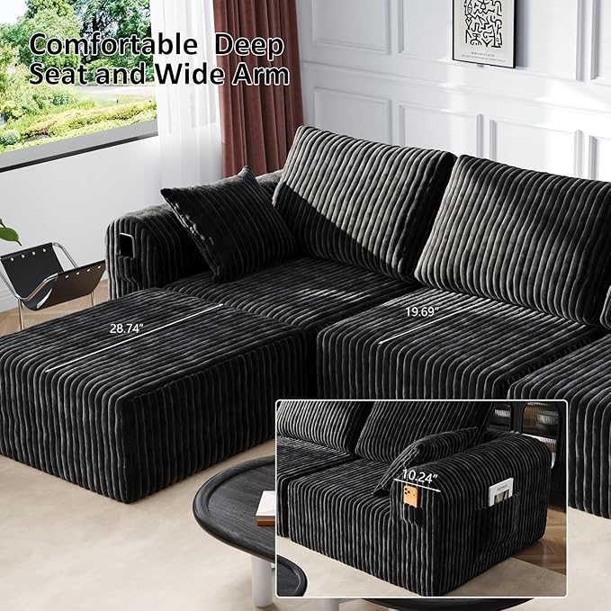 106" Boneless Couches for Living Room, Modular Sectional Sofa, L-Shape Sofa Couches,Cloud Couch Sectional, Comfy Corduroy Sofa, with Deep Seat, No Assembly Required (Black, 3 Seater + 1 Ottoman)