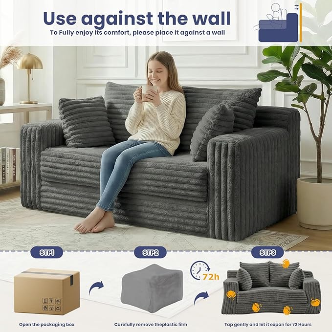 3-in-1 Convertible Sofa Bed: Boneless Loveseat Sleeper & Folding Couch Bed with 4 Pillows & Detachable Cushion, Furry Futon Couch for Bedroom, Apartment, Office and Living Room, No Assembly, Grey