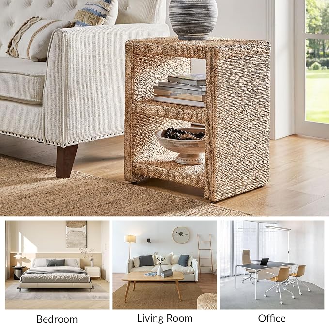 HULALA HOME Rattan Nightstand with Two Open Shelves, Seagrass Side Table Coastal Style, Set of 2 End Tables(Natural) - Image 6
