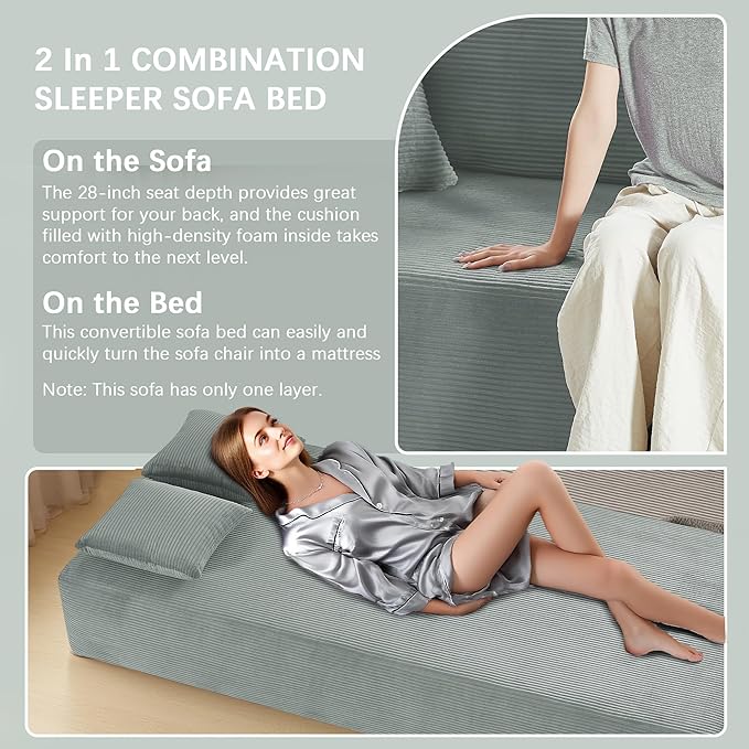 83" Modern Sofa in a Box, No Assembly Oversized 3 Seater 28" Deep Seat Cloud Sofa Bed Couch with 4 Furry Pillows & Corduroy Fabric, Boneless Couch with Side Storage Pockets for Living Room, Light grey