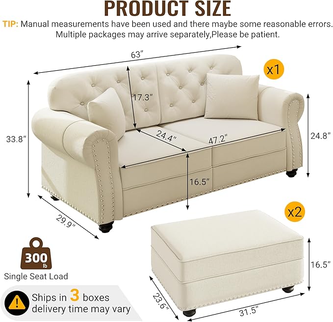 KEIKI 63" Velvet Chesterfield Sofa with Rolled Arms & Nailhead Trim & 2 Ottoman, Modern 2-Seater Button Tufted Couch with High Resilience Cushion & 2 Pillow, Easy Assembly, for Living Room, White