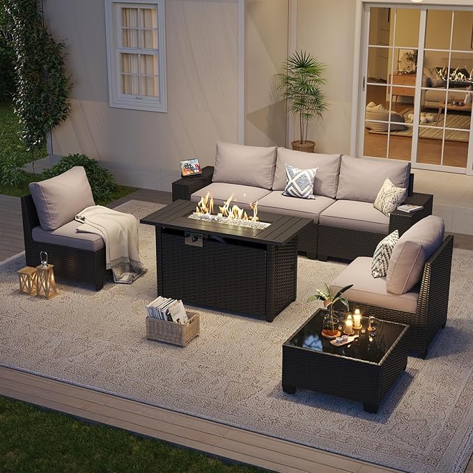 Aoxun Outdoor Patio Furniture Set with 44'' Fire Pit Table, 7 Pcs Outdoor Patio Furniture Sets with 4in Thicken Cushion, Widen Armrests Wicker Outdoor Sectional for Backyard (Gas Converter Include)