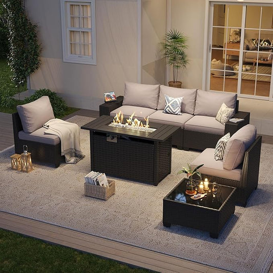 Aoxun Outdoor Patio Furniture Set with 44'' Fire Pit Table, 7 Pcs Outdoor Patio Furniture Sets with 4in Thicken Cushion, Widen Armrests Wicker Outdoor Sectional for Backyard (Gas Converter Include)