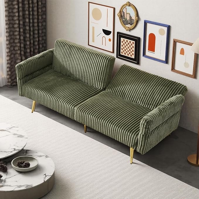 Rovibek Futon Sofa Bed, Convertible Futon Couch Bed with Adjustable Backrest, 2 Pillows, Corduroy Loveseat Futon for Small Spaces, Living Room, Apartment, Office, Green