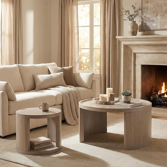 Round Nesting Coffee Table Set of 2, Gray Coffee Table, 31.5" Large & 18" Small Low Tables with Wood Top, Center Table for Living Room, Bedroom, Minimalist Center Table Set