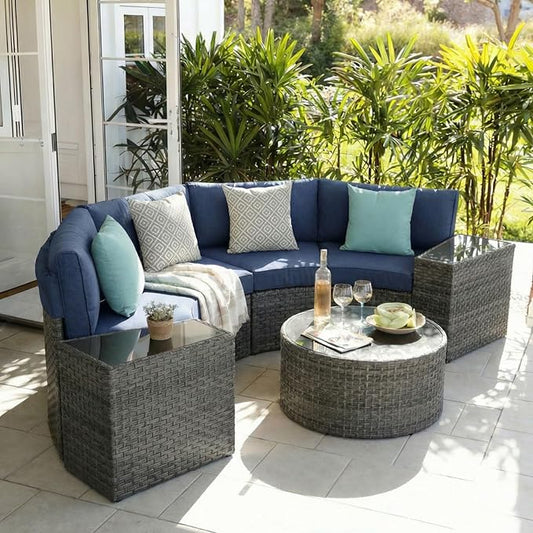 SUNSITT Outdoor 7-Piece Half-Moon Sectional Furniture Set with Round Coffee Table, Patio Curved Sofa Set, Denim Blue Cushion and Grey Wicker, Incl. Waterproof Cover