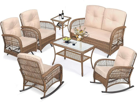 MEETWARM 7-Piece Outdoor Wicker Patio Conversation Set With Glider Loveseat, 4 Chairs, 2 Glass-Top Coffee Tables, Rocking Glider Set, Thickened Cushions, Beige